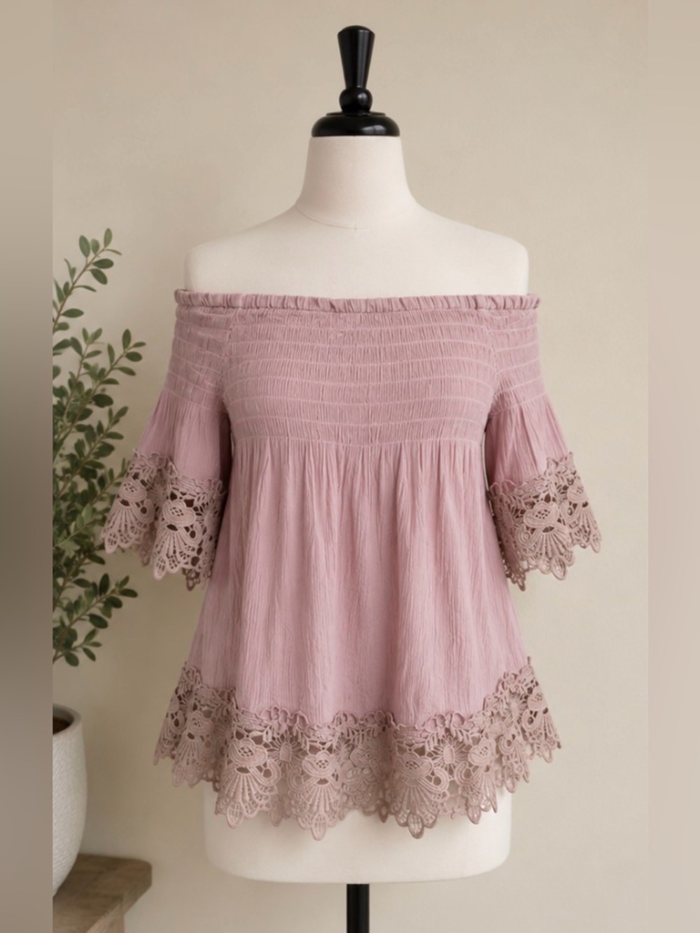 Rue21 Off Shoulder Lace Trim Blouse Top Mauve Pink Boho Peasant Size Medium